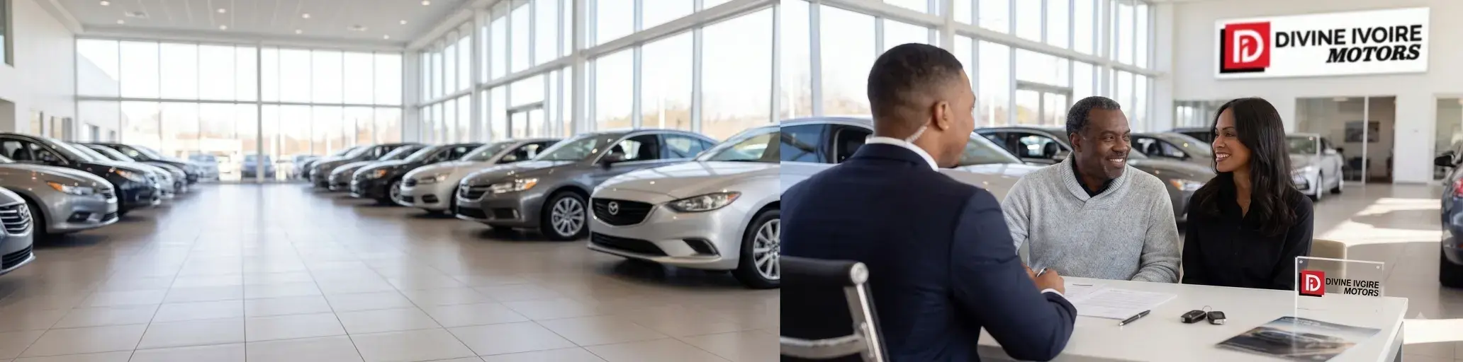Le showroom Divine Ivoire Motors : une rangée de véhicules exposés sous une verrière, et à droite un conseiller recevant un couple de clients à son bureau, sous l'enseigne de la concession.
