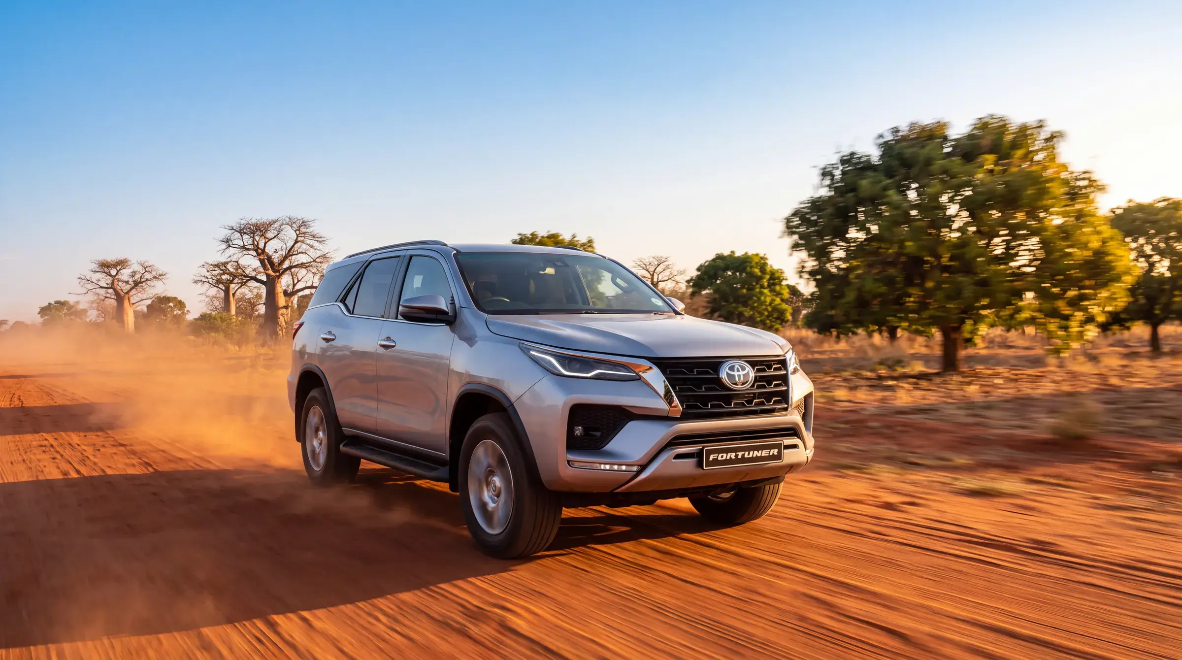 Toyota Fortuner grise roulant sur une piste latéritique bordée de baobabs